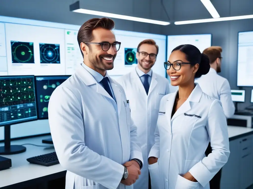 Un grupo diverso de científicos sonrientes en un laboratorio innovador, rodeados de tecnología y estructuras moleculares vegetales