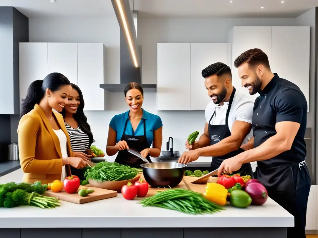 Un grupo diverso disfruta de una clase de cocina vegana para diabetes en una cocina moderna llena de ingredientes frescos y coloridos