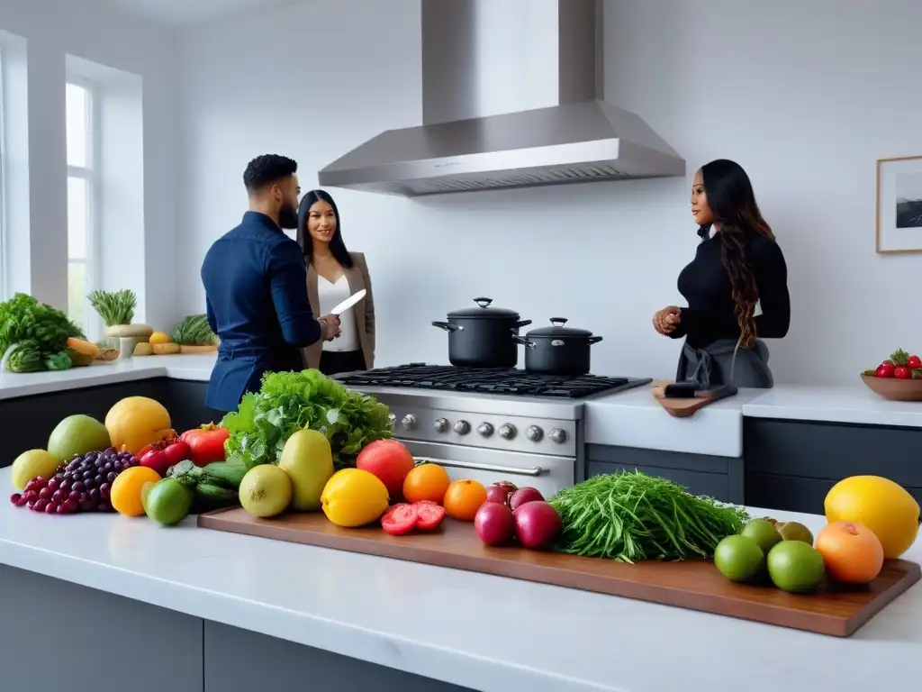 Grupo diverso en clase online de cocina vegana sin gluten, cada uno concentrado en su tabla de cortar y alimentos frescos, en una cocina moderna y luminosa