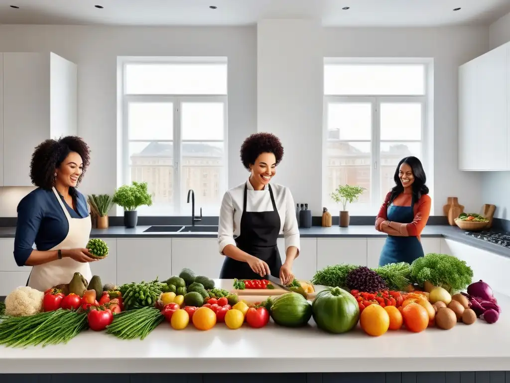 Un grupo diverso cocina con alegría en una cocina moderna con ingredientes saludables y mucha luz natural