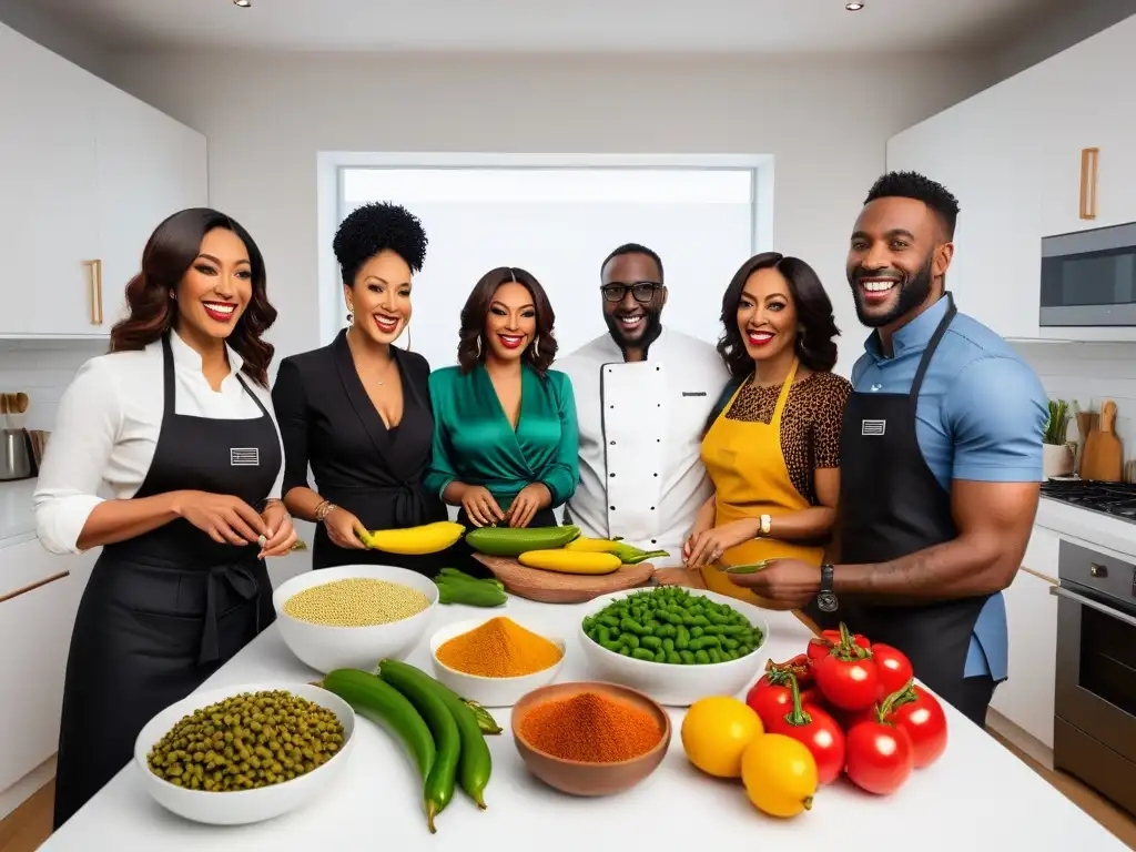 Un grupo diverso cocina con alegría en una moderna cocina vegana africana saludable