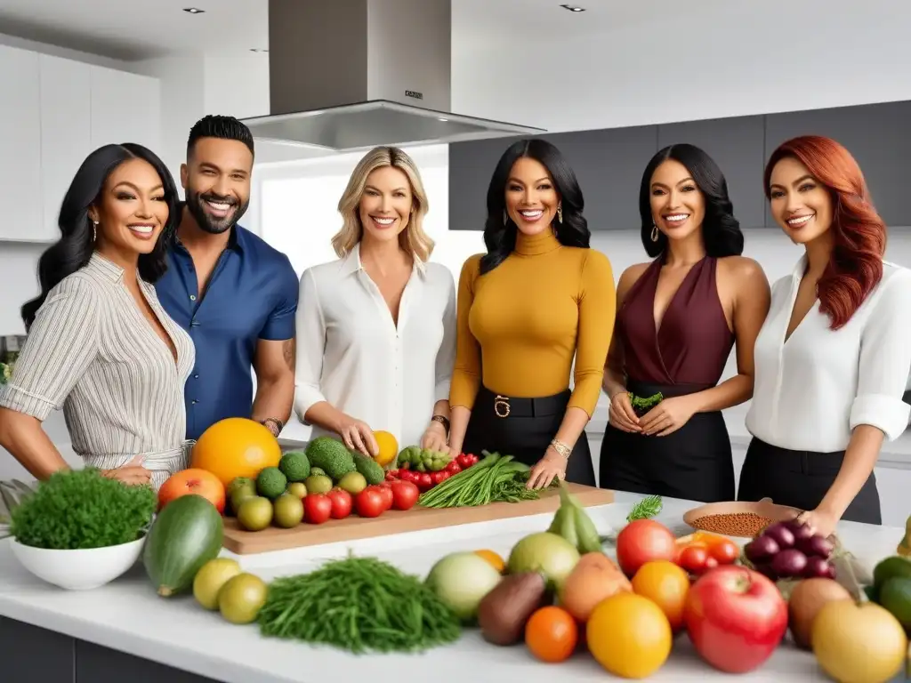 Un grupo diverso sonríe mientras cocina en una cocina moderna, llena de alimentos coloridos y sin gluten