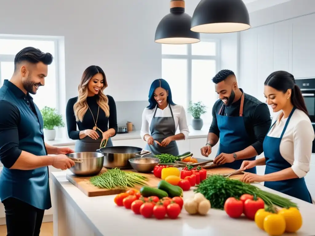 Un grupo diverso cocina en equipo platos veganos fusionados en una cocina moderna y luminosa, reflejando la colaboración y creatividad