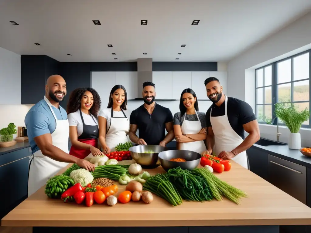 Un grupo diverso sonríe y cocina juntos en una cocina vegana moderna y luminosa, mostrando unidad y comunidad