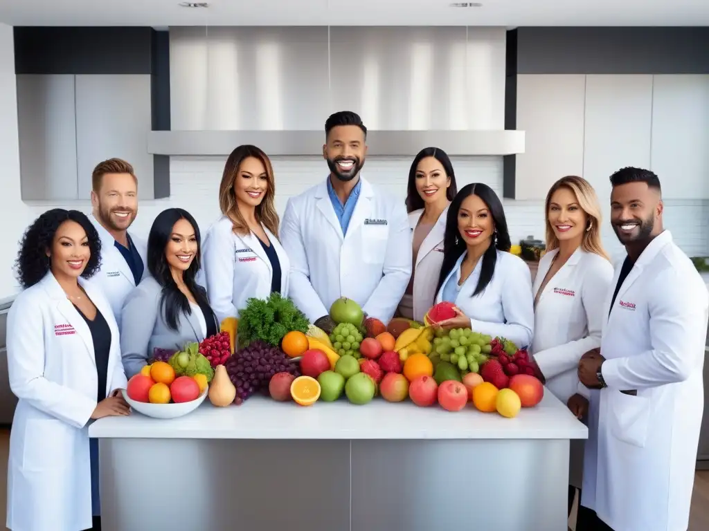 Un grupo diverso sonriendo en cocina moderna con alimentos coloridos