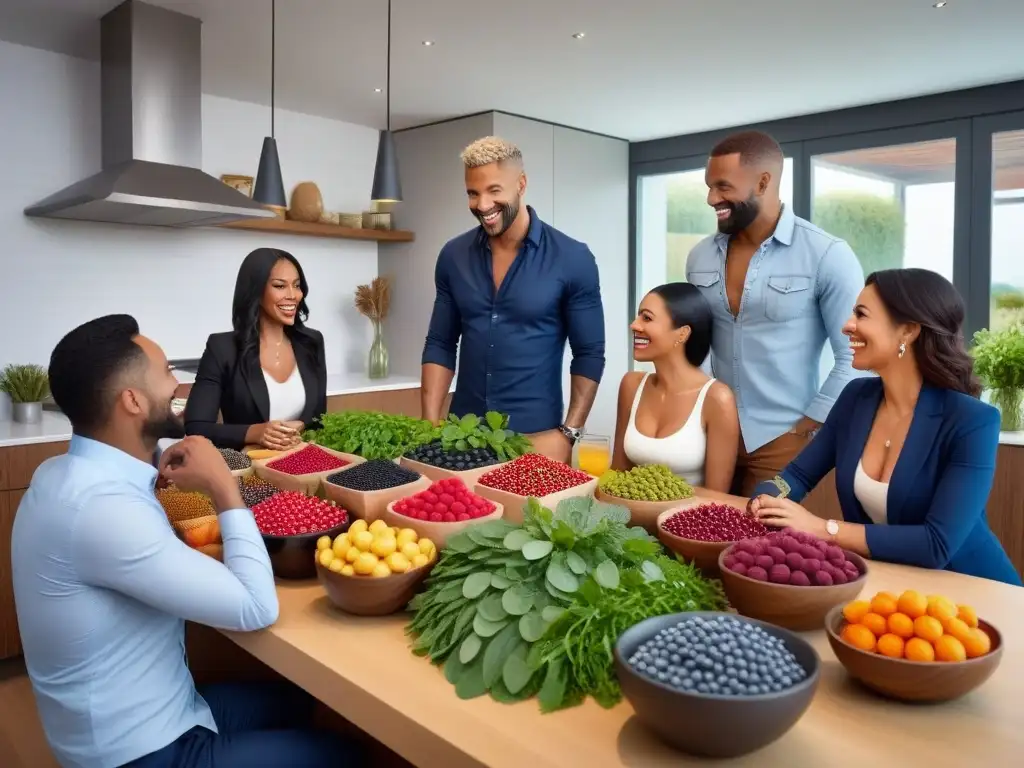 Un grupo diverso sonríe y conversa en una cocina moderna llena de superalimentos coloridos