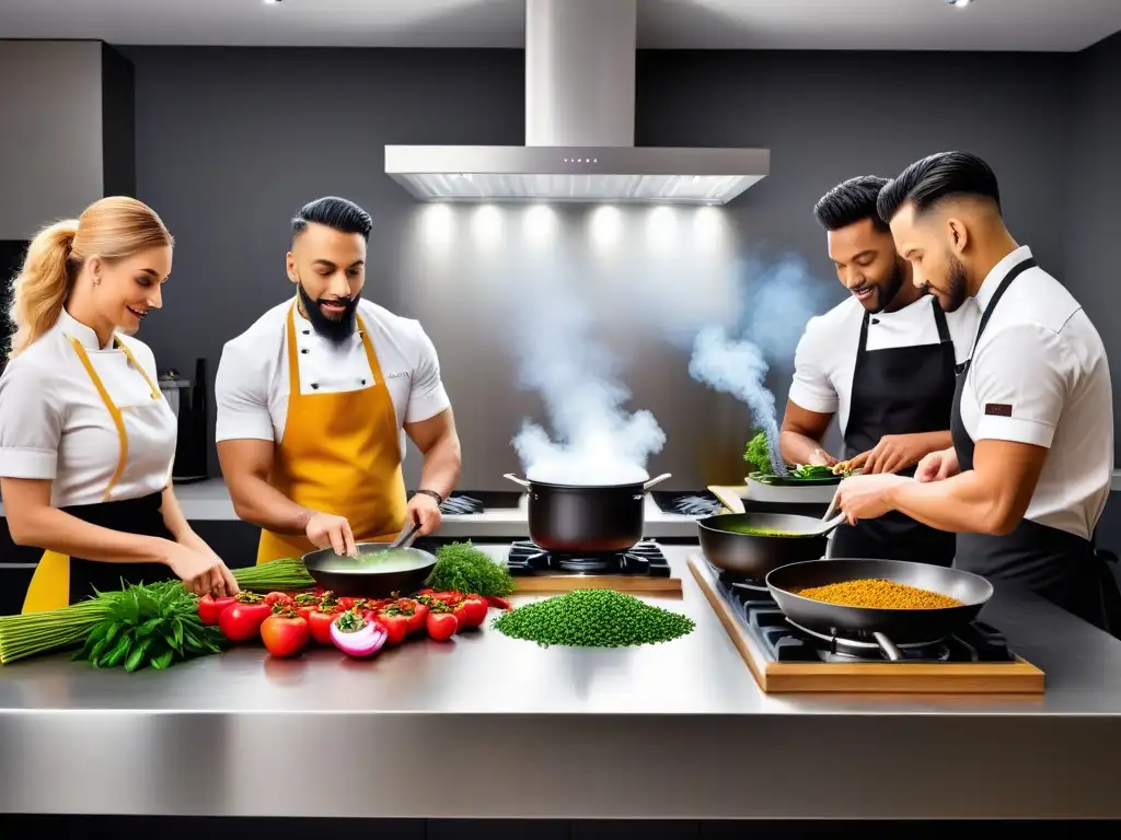 Grupo diverso en cocina moderna creando platos veganos con pasión