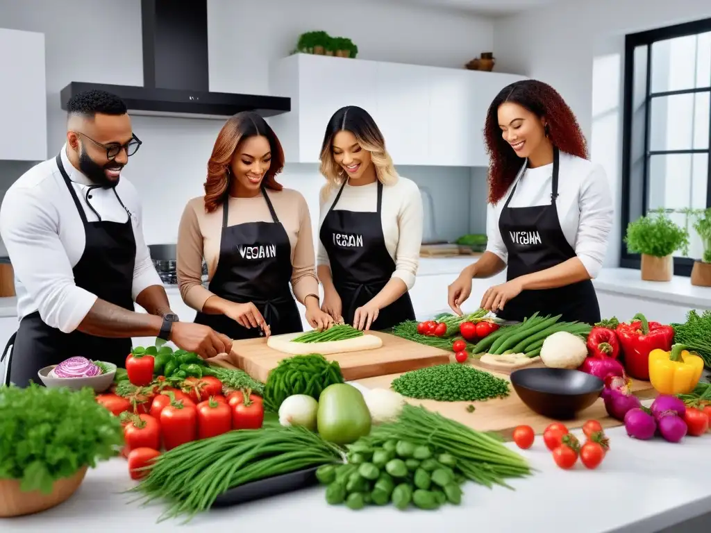 Un grupo diverso en cocina moderna, preparando platillos veganos sostenibles