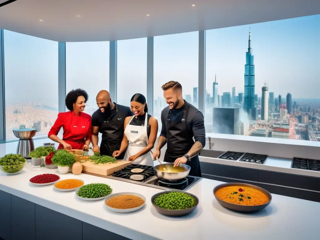 Un grupo diverso cocinando en una cocina vegana moderna con ingredientes frescos