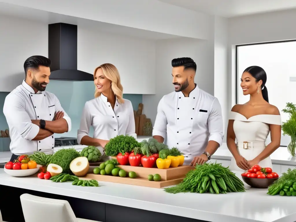 Grupo diverso aprendiendo cocina vegana con chef en curso online principiantes