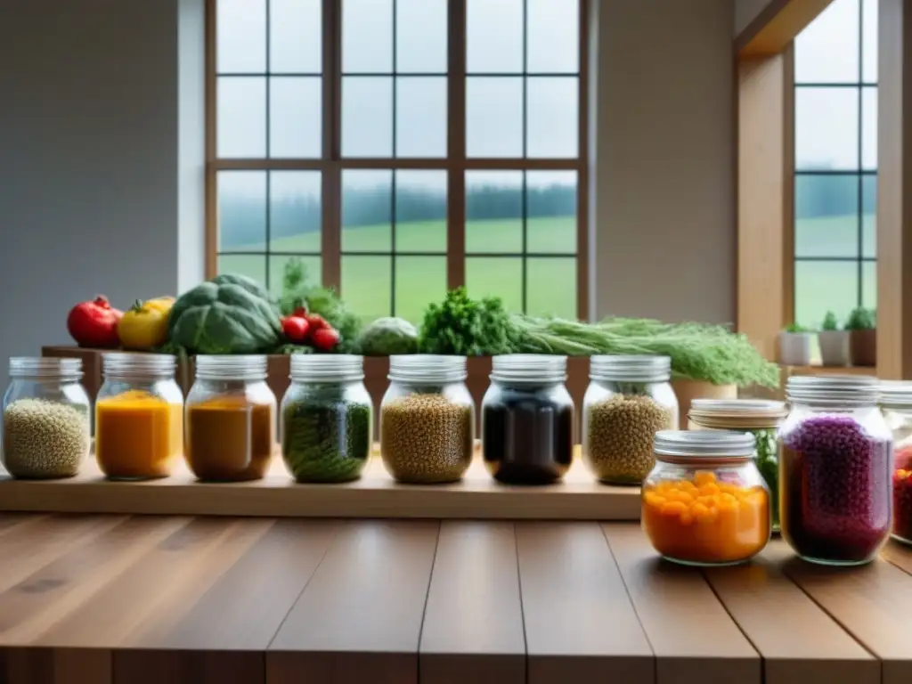 Grupo diverso en cocina vegana sostenible fermentando vegetales coloridos en tarros de vidrio en mesa de madera