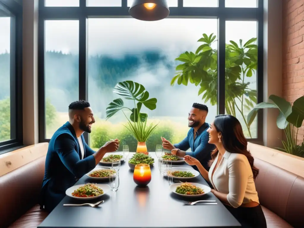 Un grupo diverso disfruta de una comida vegana en un restaurante moderno y vibrante