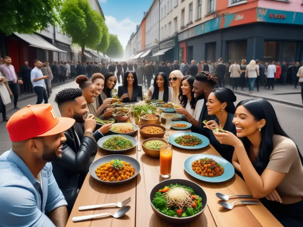 Grupo diverso disfrutando comida vegana en ambiente urbano moderno