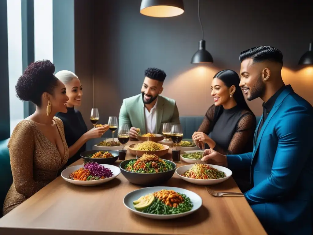 Grupo diverso disfruta comida vegana en restaurante moderno, promoviendo veganismo y políticas alimentarias