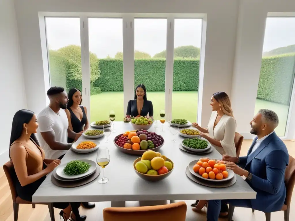 Comida vegana: diversidad, salud y naturaleza Un grupo diverso disfruta de una comida vegana en una cocina contemporánea, resaltando alimentos ricos en magnesio