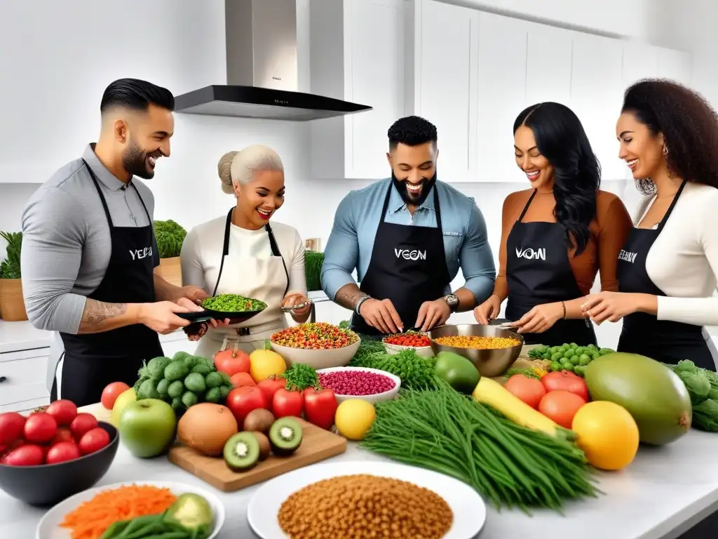 Un grupo diverso disfruta preparando y compartiendo una comida vegana en una cocina moderna y luminosa