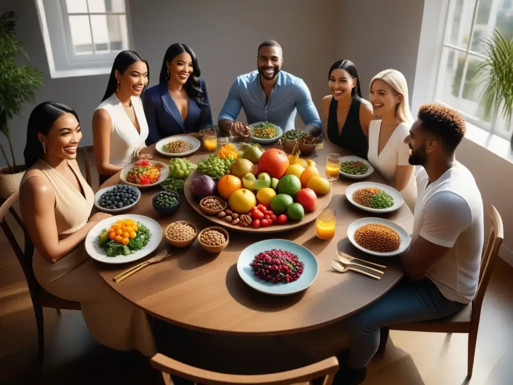 Un grupo diverso disfruta de una comida vegana colorida y abundante