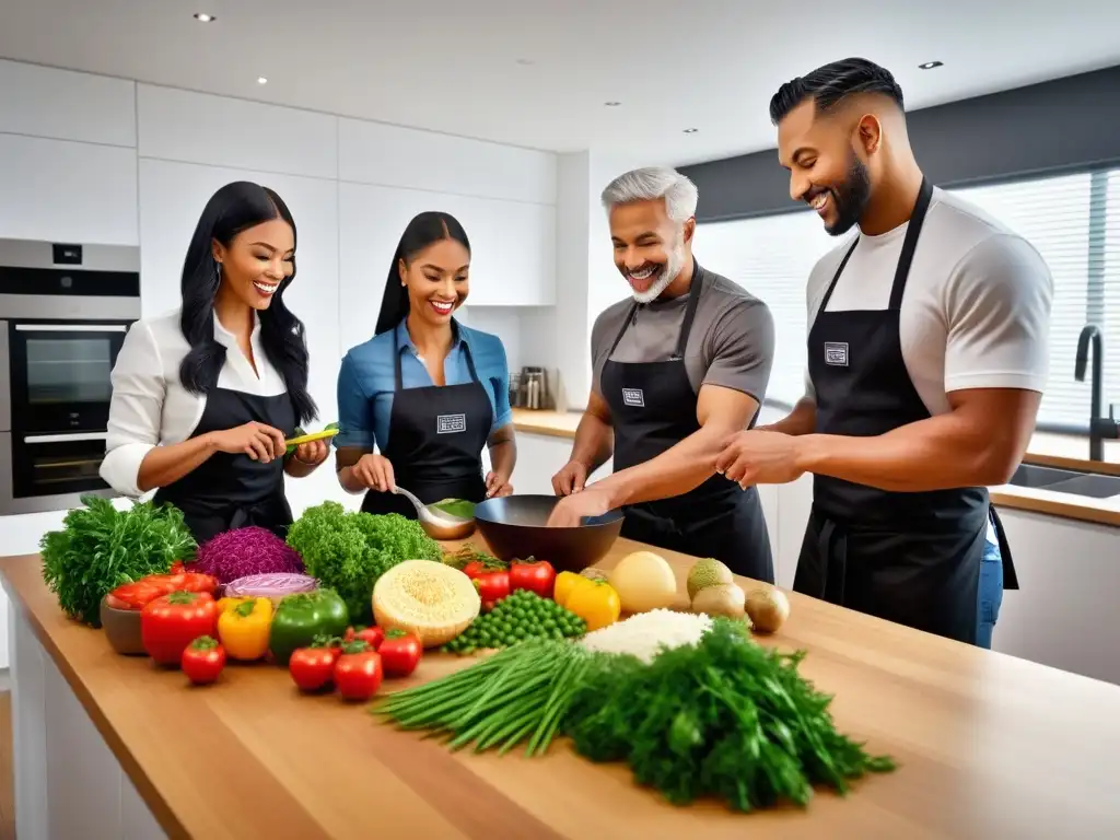 Un grupo diverso disfruta preparando y compartiendo una comida vegana en una cocina moderna