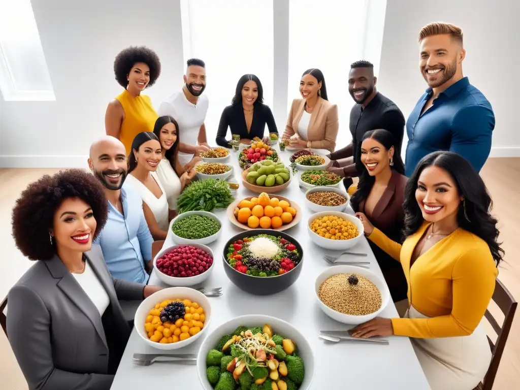 Grupo diverso disfruta comida vegana colorida en mesa elegante