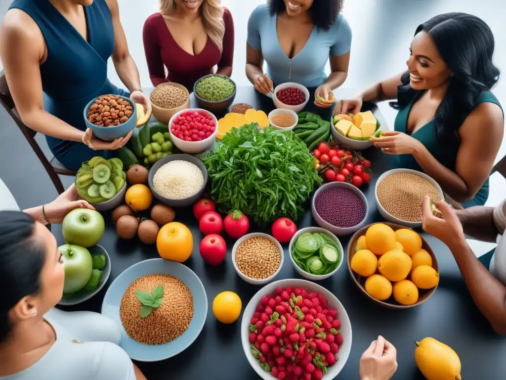 Un grupo diverso disfruta una comida vegana saludable, resaltando los desafíos nutricionales de la dieta vegana