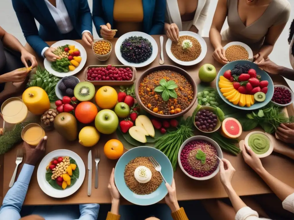 Grupo diverso disfruta comida vegana en mesa colorida, simbolizando abundancia y salud