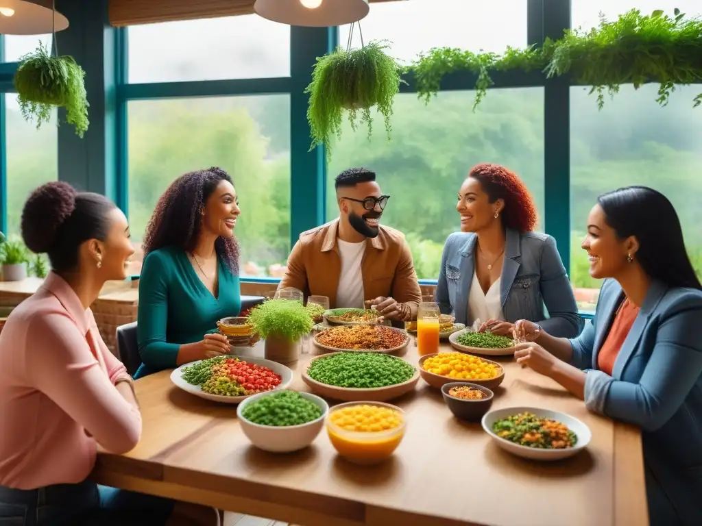 Un grupo diverso disfruta de comida vegana en un café trendy, reflejando los desafíos al transicionar a veganismo