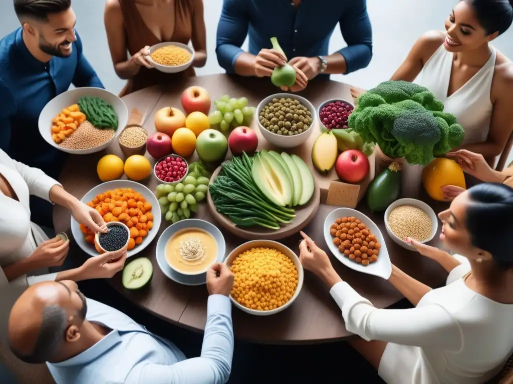 Un grupo diverso disfruta de una comida vegana vibrante y nutritiva juntos