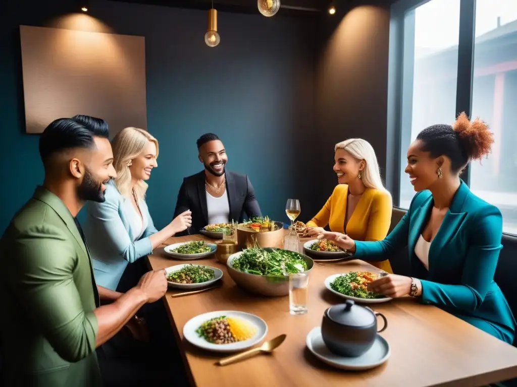 Grupo diverso disfruta comida vegana en restaurante moderno