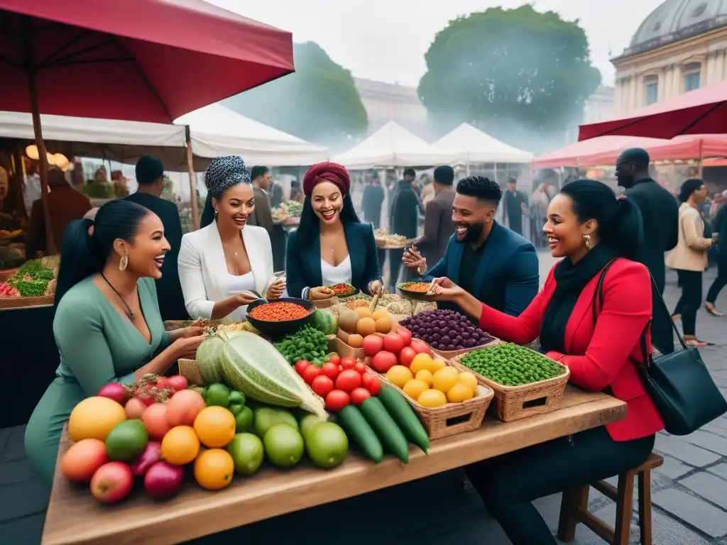 Grupo diverso disfruta comida vegana en mercado callejero, reflejando estilo de vida vegano viajes