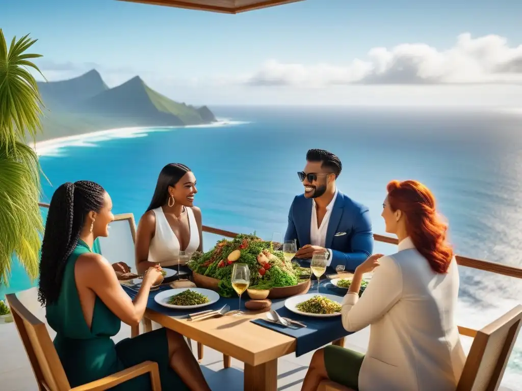 Un grupo diverso disfruta de una comida vegana en un moderno restaurante con vista al mar en Oceanía