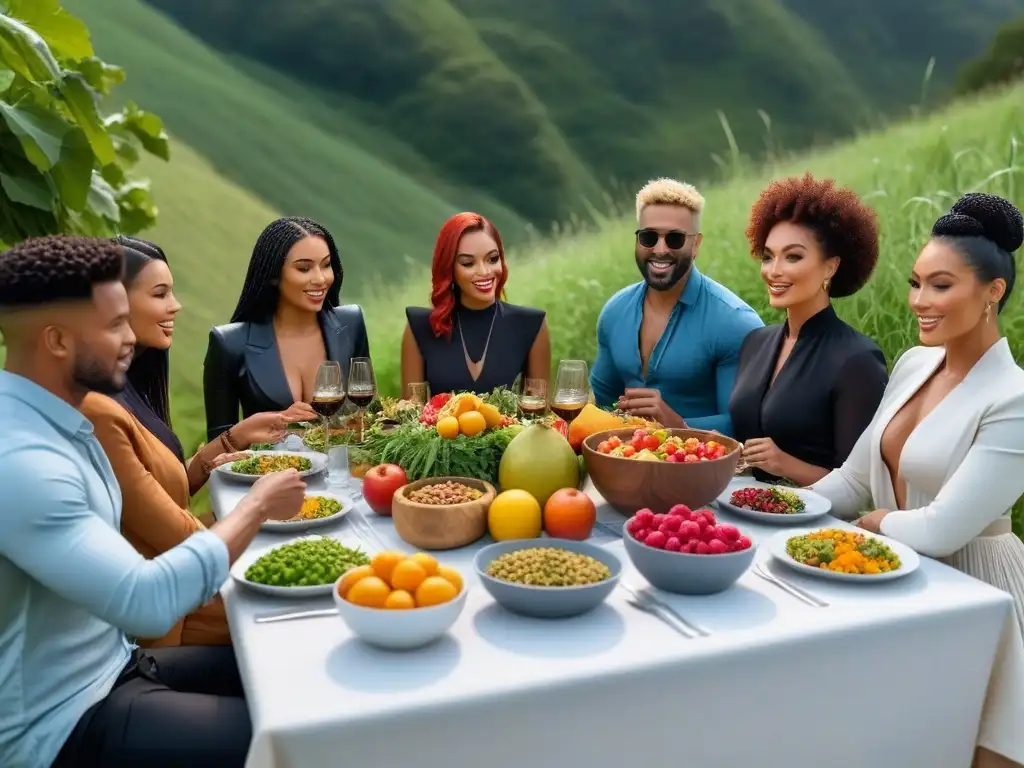 Grupo diverso disfruta comida vegana en mesa colorida al aire libre