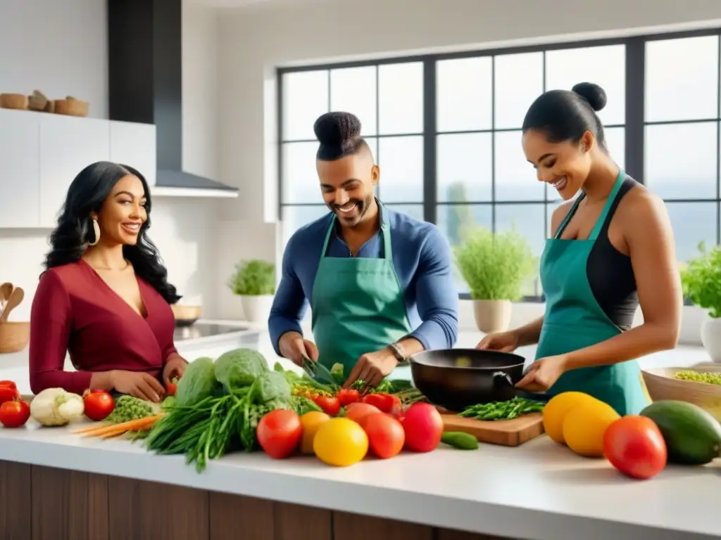 Grupo diverso preparando comida vegana en cocina moderna