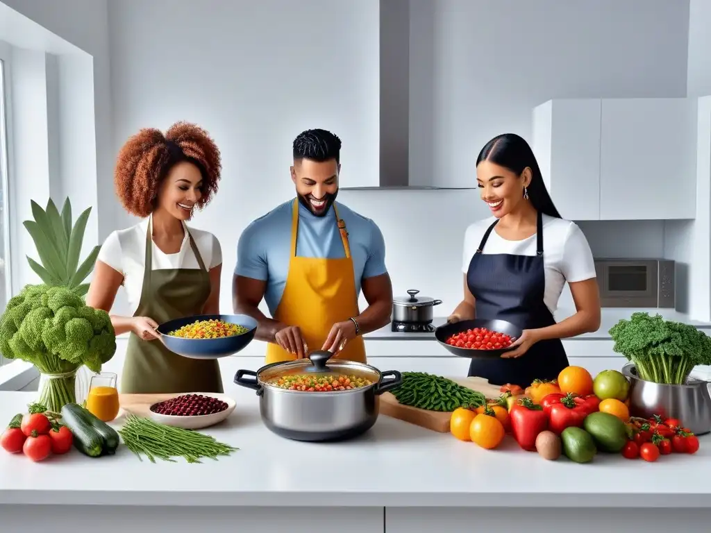 Grupo diverso disfruta cocinando y compartiendo comidas veganas coloridas en cocina moderna