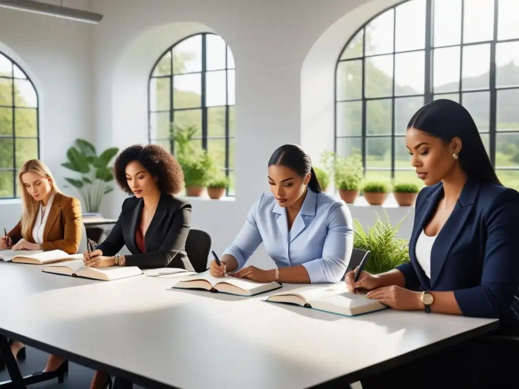 Grupo diverso concentrado en estudio de nutrición vegana para certificación en aula moderna luminosa con jardín verde afuera