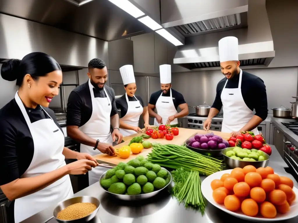 Grupo diverso en curso cocina vegana: expertos y novatos crean juntos en cocina moderna llena de color y creatividad