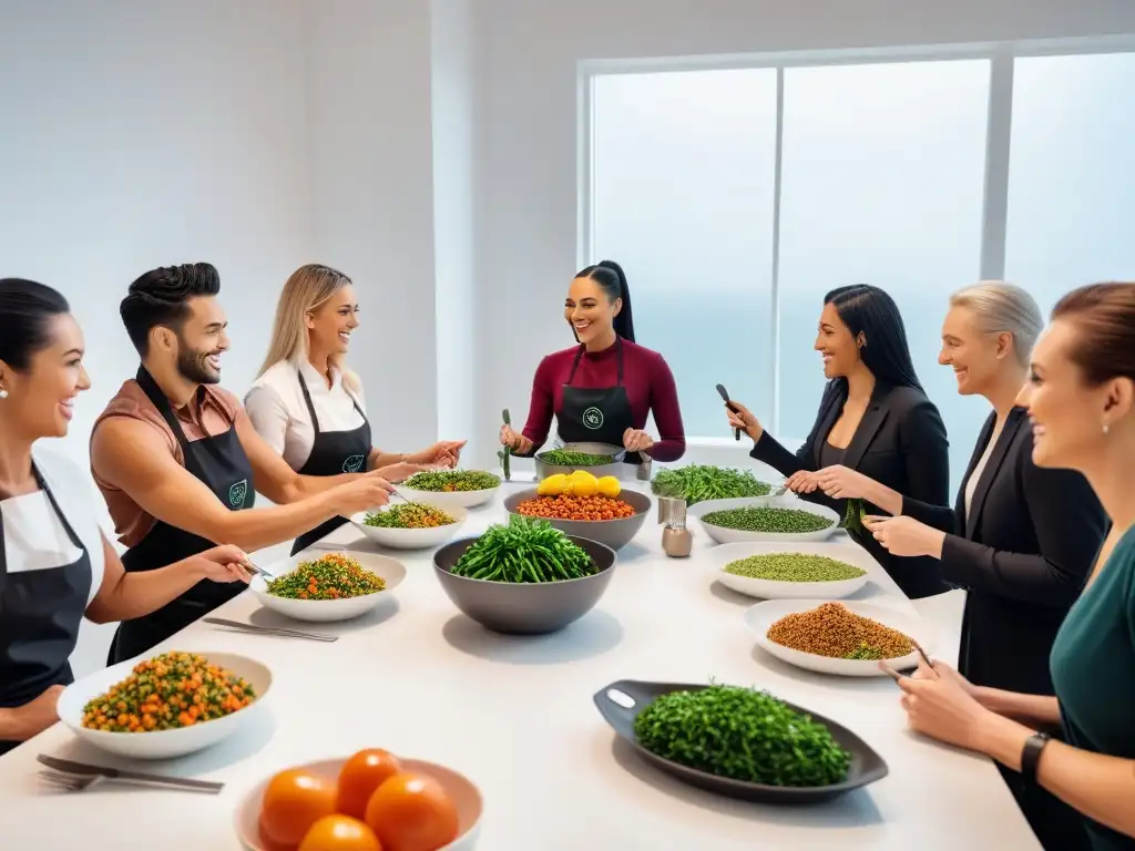 Grupo diverso sonriendo en curso online cocina vegana económica, chef joven enseña receta