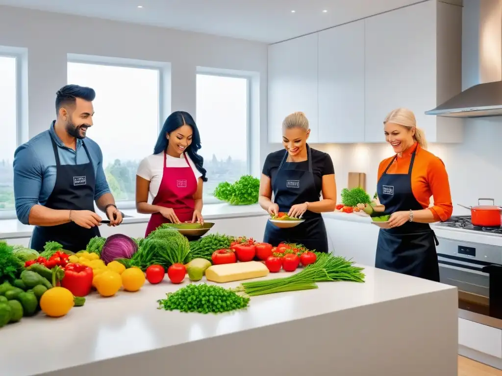 Grupo diverso en curso online cocina vegana principiantes, preparando platos coloridos con entusiasmo y concentración