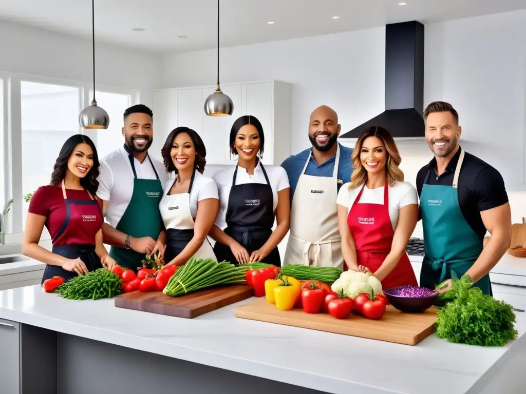 Grupo diverso sonriendo en curso online cocina vegana principiantes, cocinando en cocina moderna con verduras y utensilios coloridos