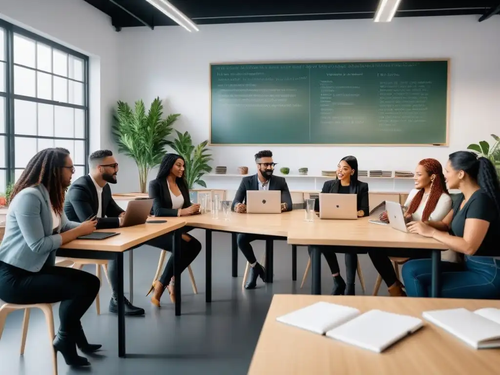 Un grupo diverso debate iniciativas veganas sostenibles liderando cambio en aula moderna y sostenible