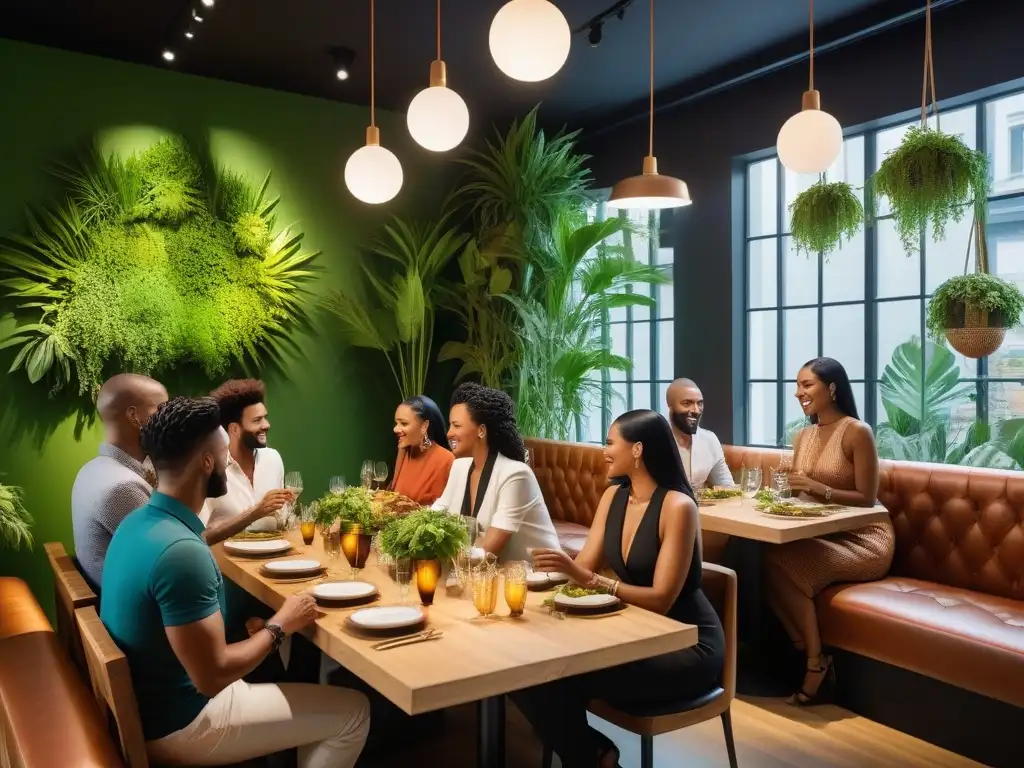 Un grupo diverso disfrutando de delicias veganas en un restaurante trendy, creando una atmósfera inclusiva y acogedora