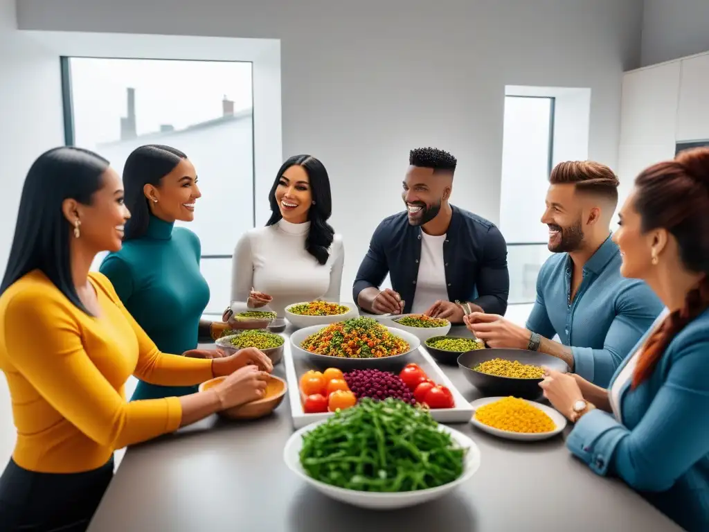 Grupo diverso disfrutando de delicias veganas en cocina moderna