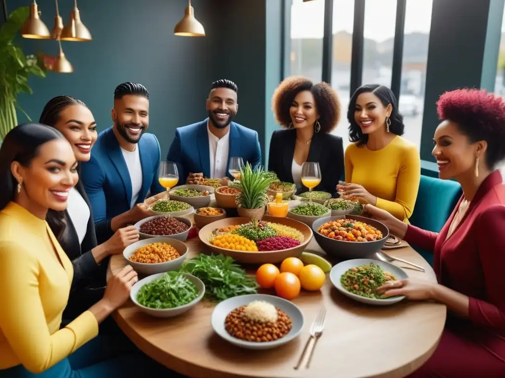 Un grupo diverso disfruta una deliciosa comida vegana en un restaurante moderno