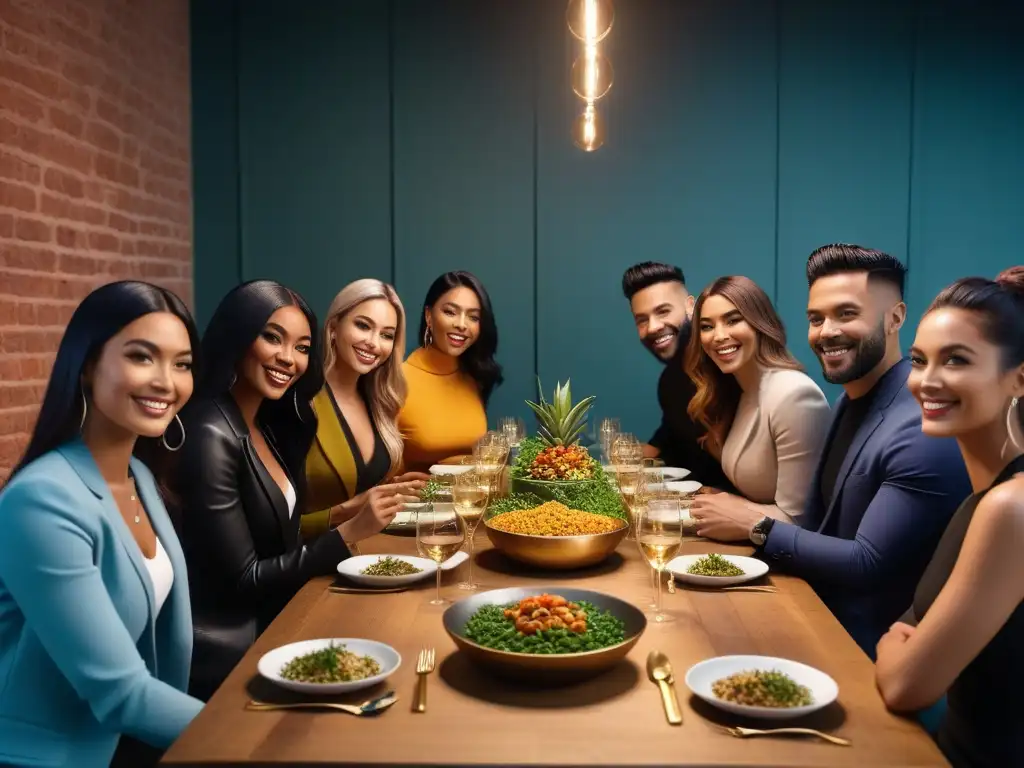 Grupo diverso disfrutando de deliciosa comida vegana en restaurante moderno