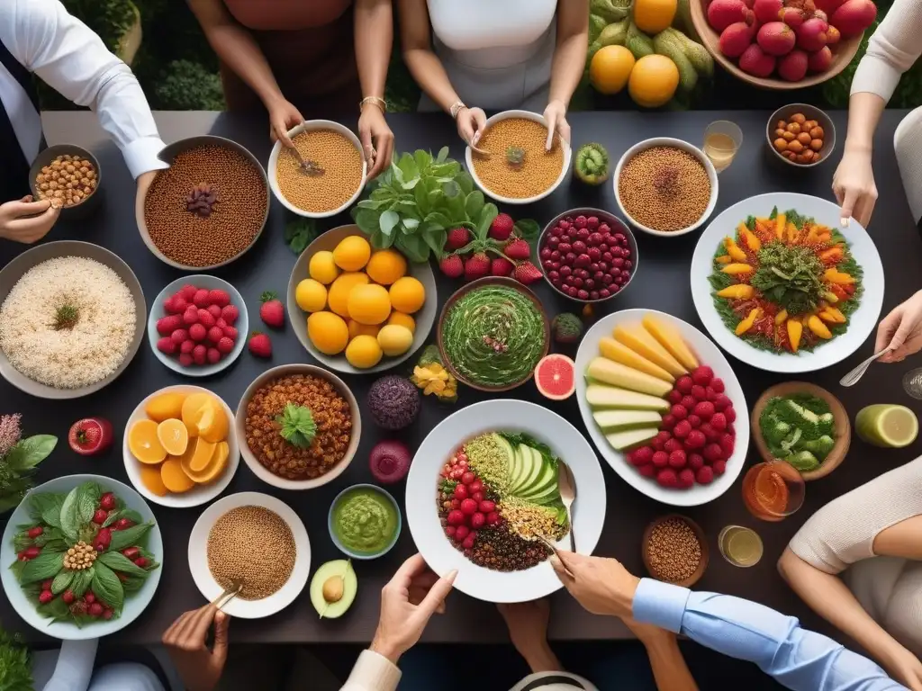 Grupo diverso disfruta de deliciosa comida vegana en un buffet abundante y colorido