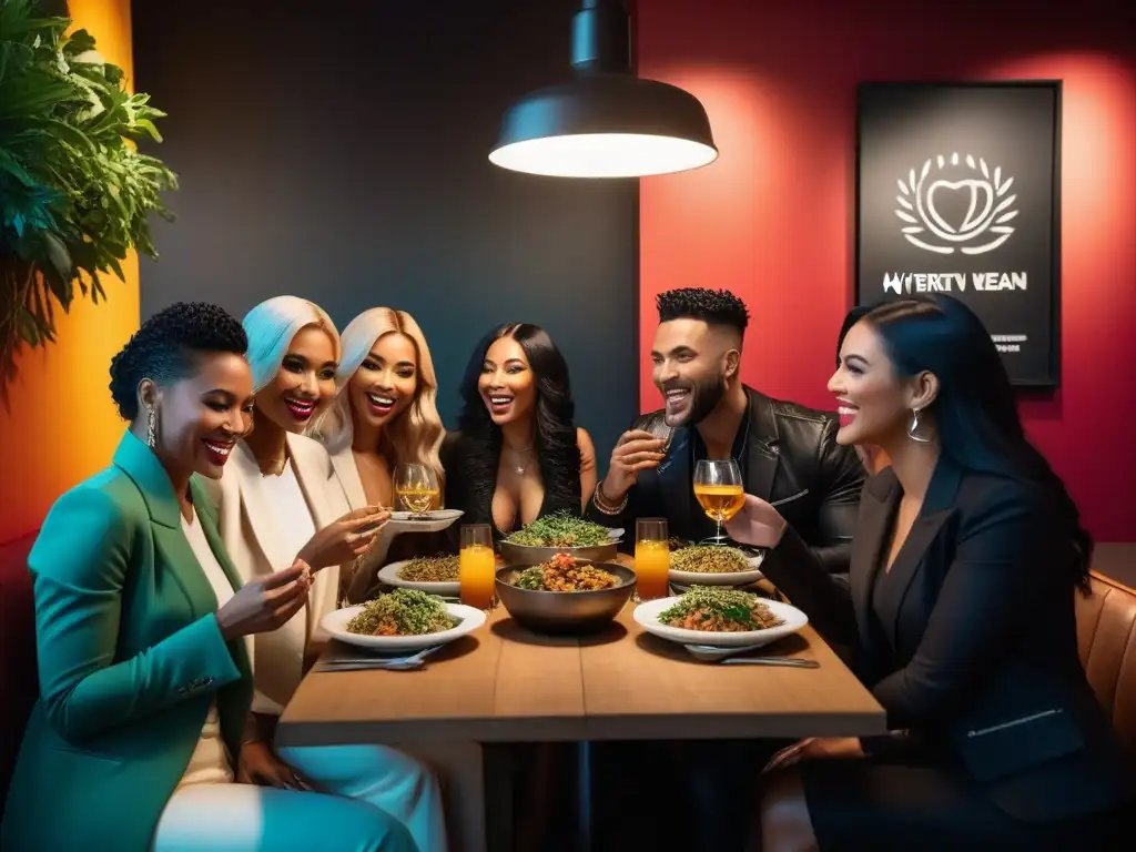 Grupo diverso disfruta de deliciosas aplicaciones para antojos veganos en restaurante trendy