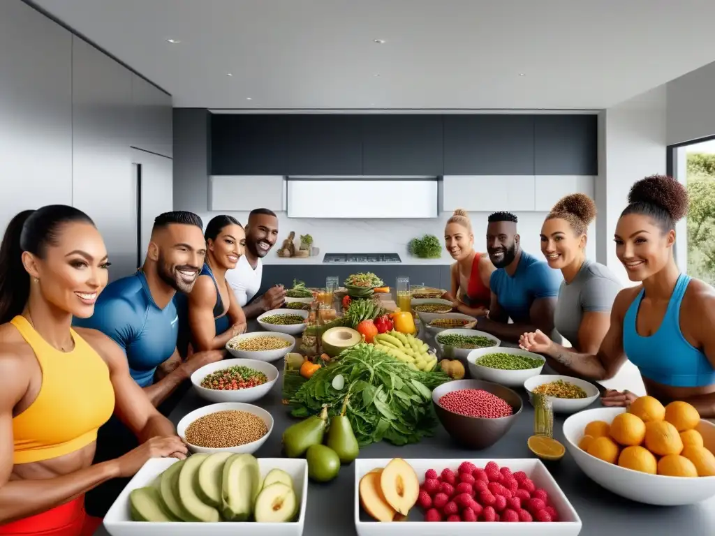 Un grupo diverso de deportistas disfruta de una comida vegana vibrante y saludable