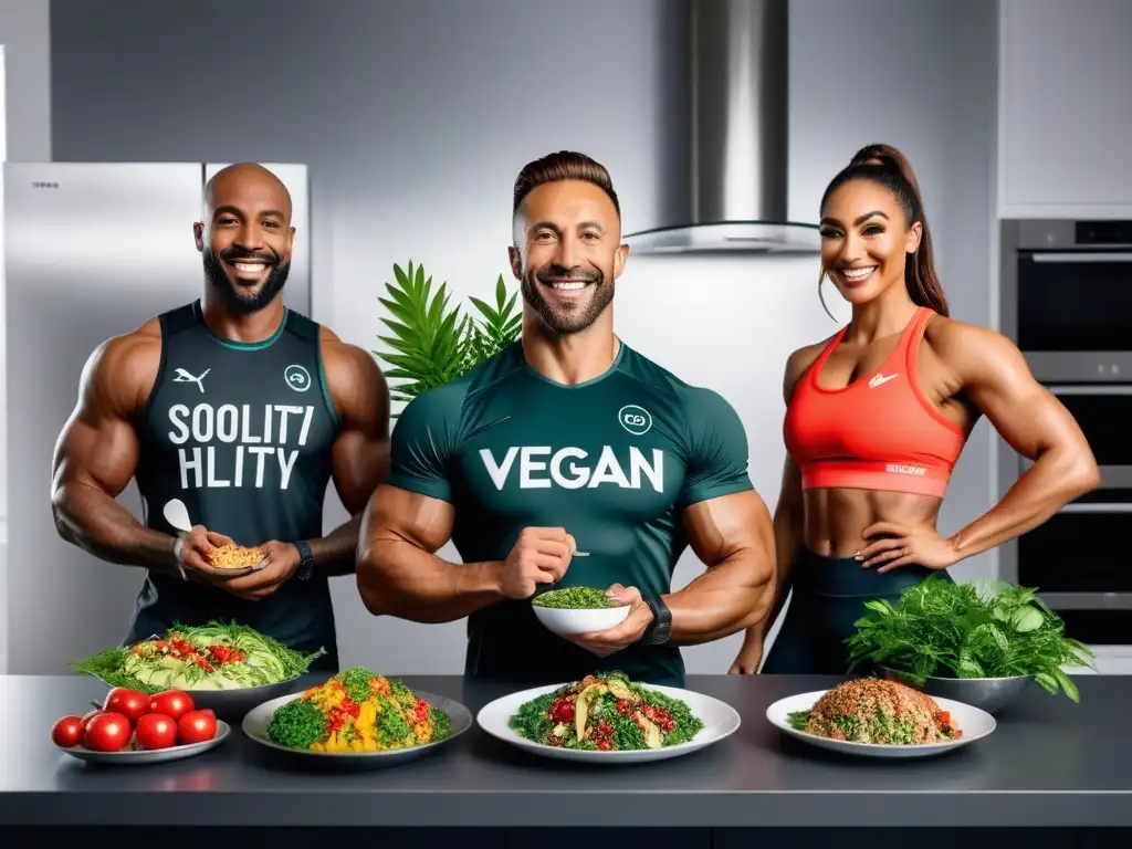 Un grupo diverso de deportistas veganos sonrientes en una cocina moderna y vibrante