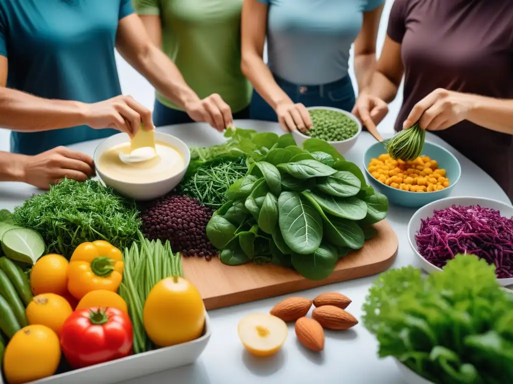 Comunidad vegana radiante disfrutando alimentos ricos en calcio Grupo diverso disfruta dieta vegana alta en calcio con alegría y vitalidad en actividades saludables