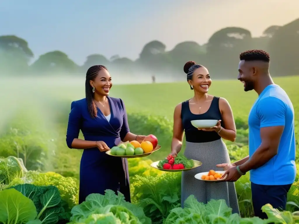 Un grupo diverso disfruta de una dieta vegana y prevención cáncer en un campo verde al atardecer