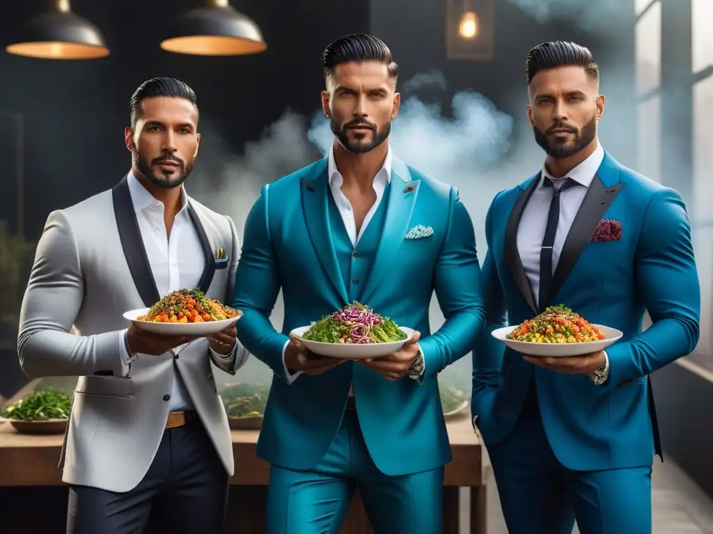 Un grupo diverso y elegante de hombres veganos posando con platos coloridos en un entorno urbano trendy